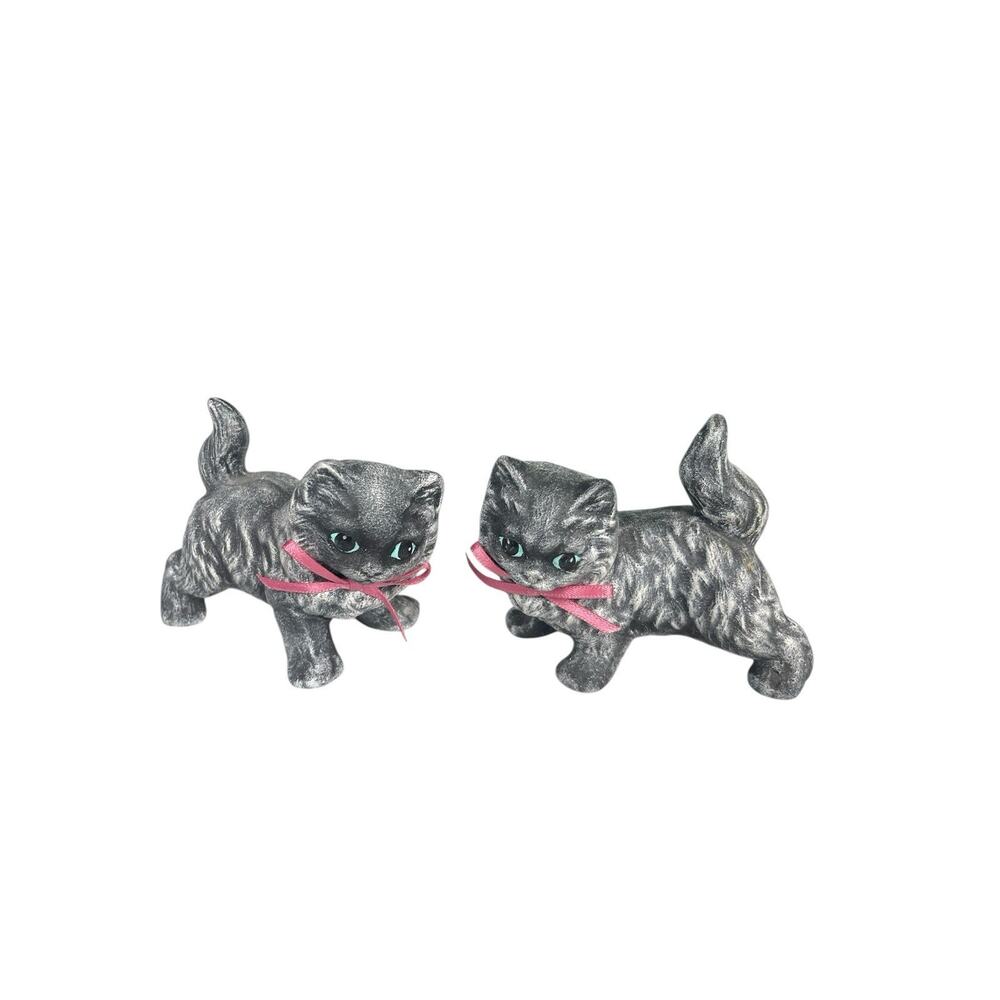 Vintage Cat Figurines Gray Kittens Ceramic Kitschy Set of 2